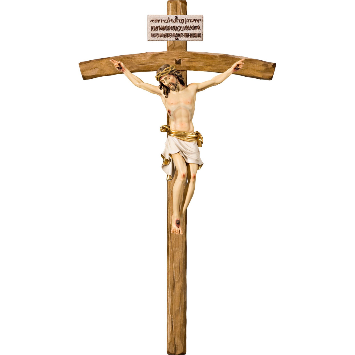 Cristo Pisa en cruz arqueada con Titulus Crucis en hebreo - latín - griego
